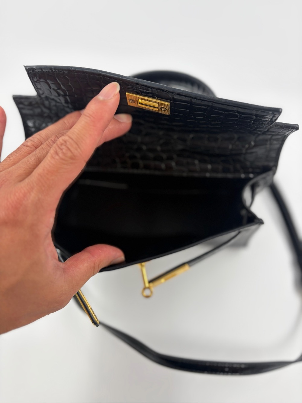 Black Croc Embossed Mini Top Handle Bag - Structured Kelly Style Gold Hardware - Picture 7 of 8